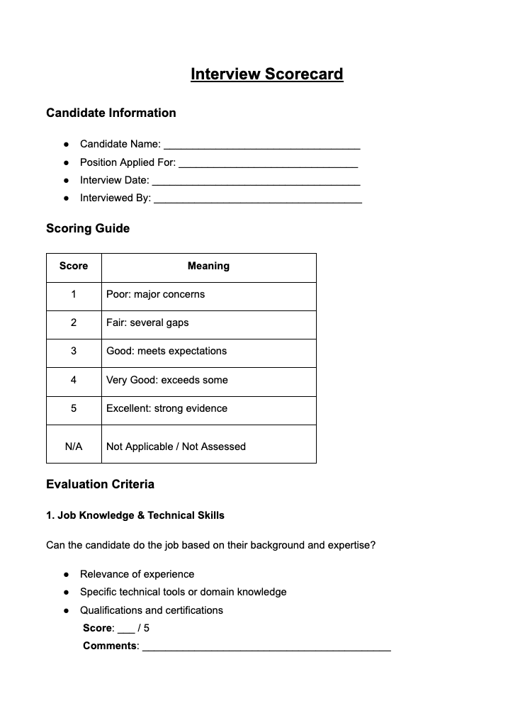 Interview Score Card